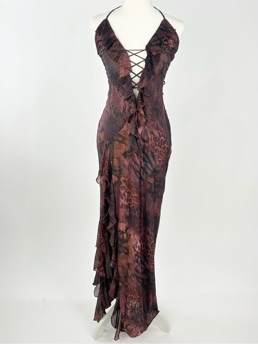 Outcast NWT Animal Print Mesh Ruffle Cutout Halter Maxi Dress S